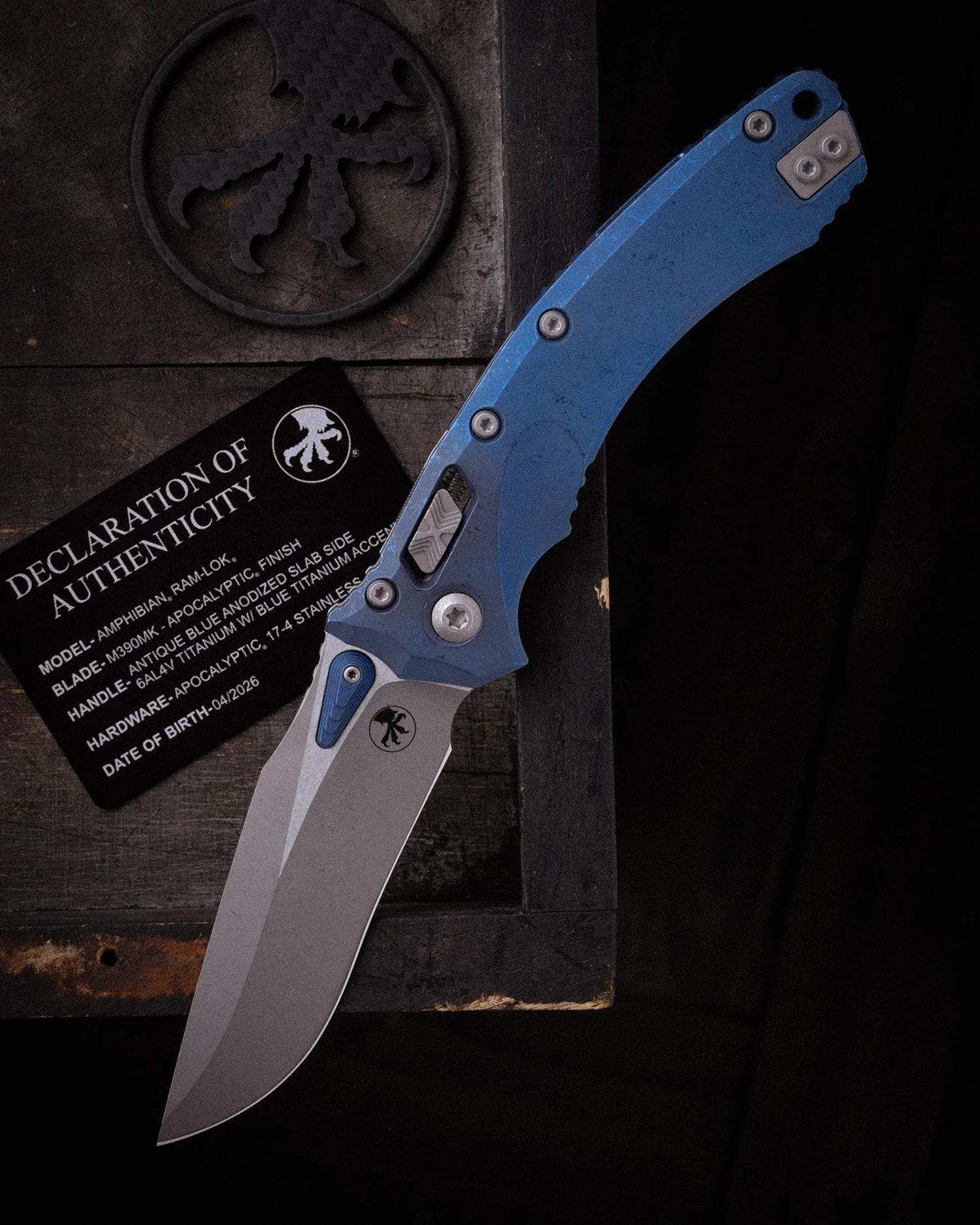 AMPHIBIAN® RAM-LOK™ MARFIONE SELECT APOCALYPTIC FINISH ANTIQUE BLUE ANODIZED SLAB SIDE TITANIUM W/BLUE TITANIUM ACCENT APOCALYPTIC FINISH STAINLESS (137RL-10APMS2)