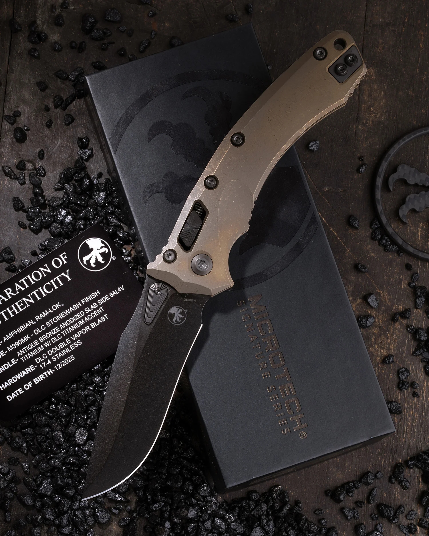 AMPHIBIAN RAM-LOK MARFIONE SELECT DLC STONEWASH FINISH ANTIQUE BRONZE ANODIZED SLAB SIDE TITANIUM W/ DLC TITANIUM ACCENT DLC DOUBLE VAPOR BLAST STAINLESS