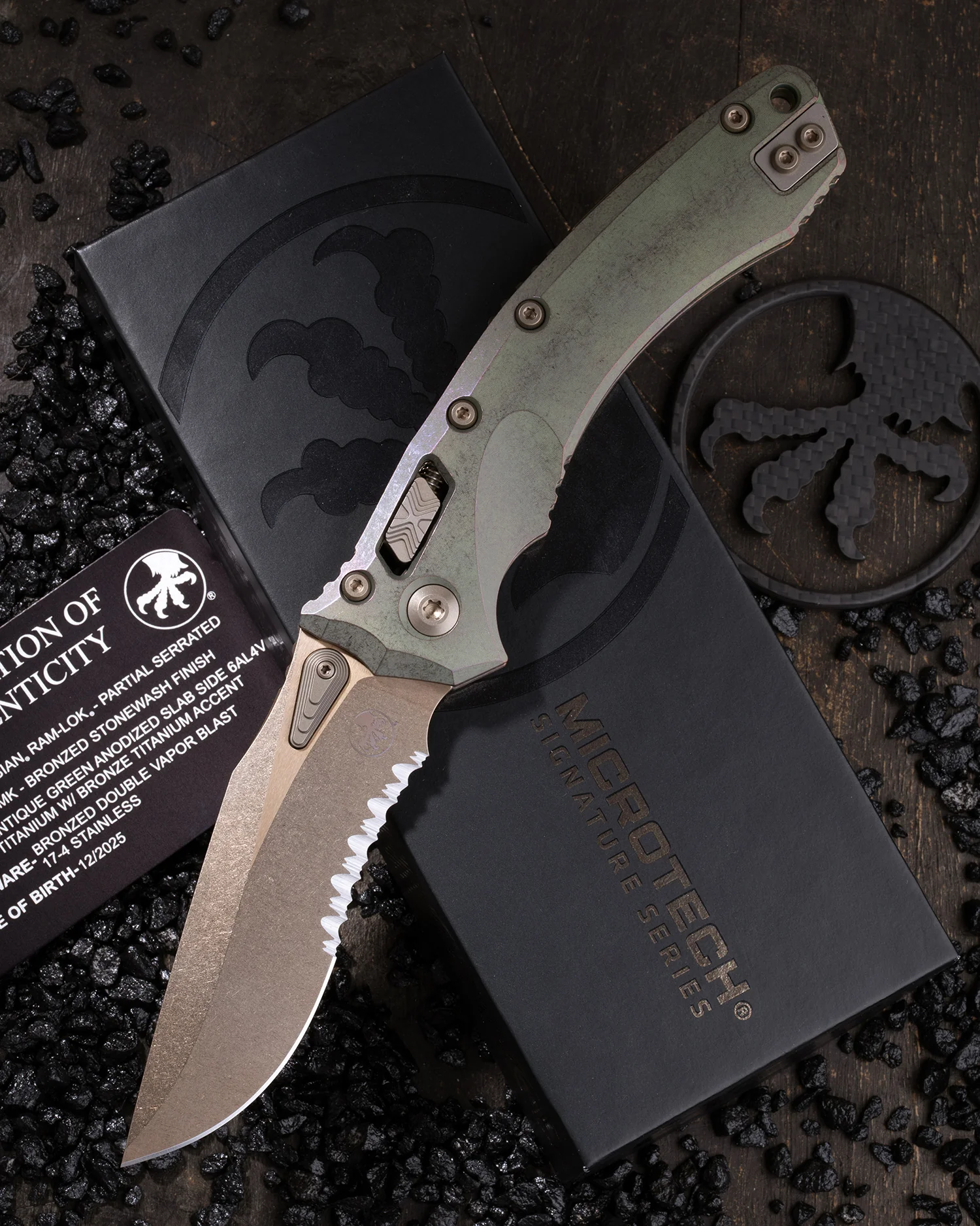 AMPHILBIAN RAM-LOK PARTIAL SERRATED MARFIONE SELECT BRONZED STONEWASH FINISH ANTIQUE GREEN ANODIZED SLAB SIDE TITANIUM W/ BRONZE TITANIUM ACCENT BRONZED DOUBLE VAPOR BLAST STAINLESS