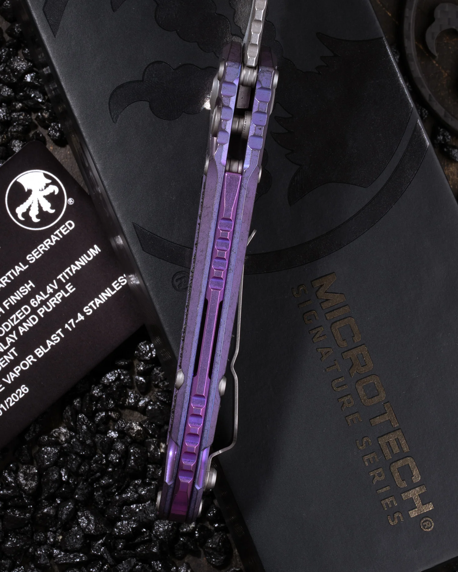L.U.D.T – CLIP POINT PARTIAL SERRATED MARFIONE SELECT STONEWASH FINISH PURPLE HAZE ANODIZED TITANIUM W/TEXTURED INLAY AND PURPLE TITANIUM ACCENT DOUBLE VAPOR BLAST STAINLESS - Image 3