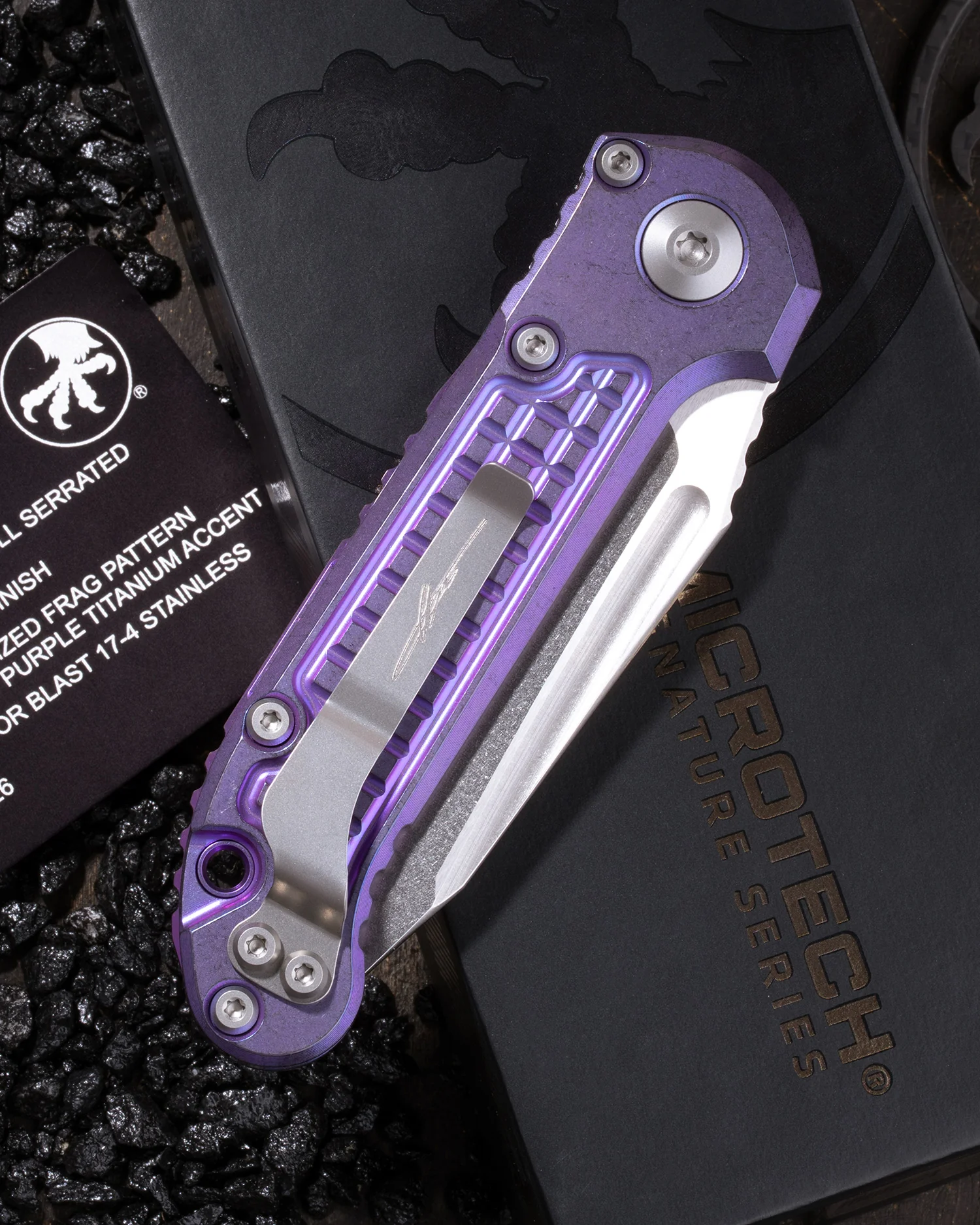 L.U.D.T. – TANTO EDGE FULL SERRATED MARFIONE SELECT STONEWASH FINISH PURPLE HAZE ANODIZED FRAG PATTERN TITANIUM W/PURPLE TITANIUM ACCENT DOUBLE VAPOR BLAST STAINLESS - Image 2