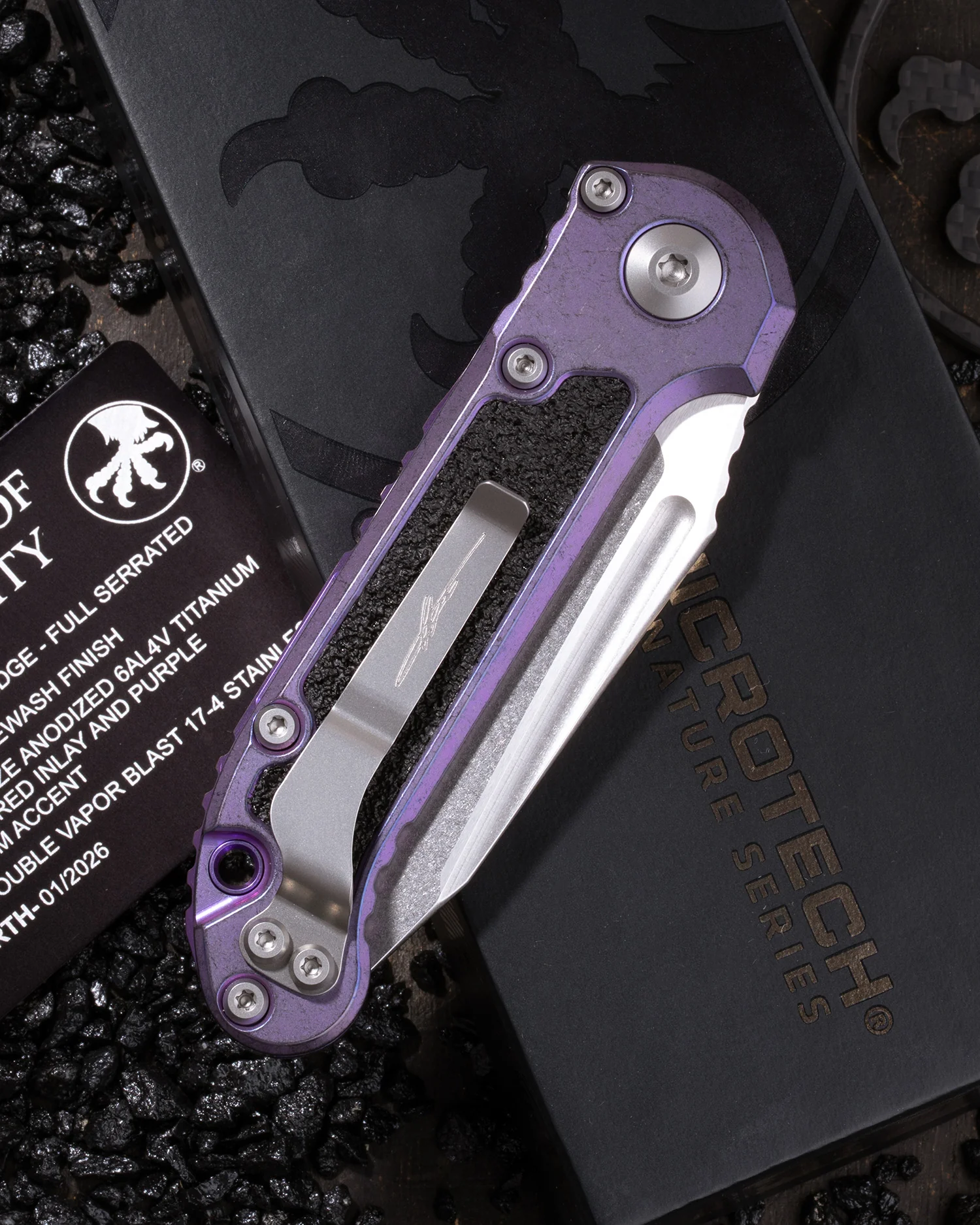 L.U.D.T. – Tanto Edge Full Serrated Marfione Select Stonewash Finish Purple Haze Anodized Titanium W/ Textured Inlay And Purple Titanium Accent Double Vapor Blast Stainless - Image 2
