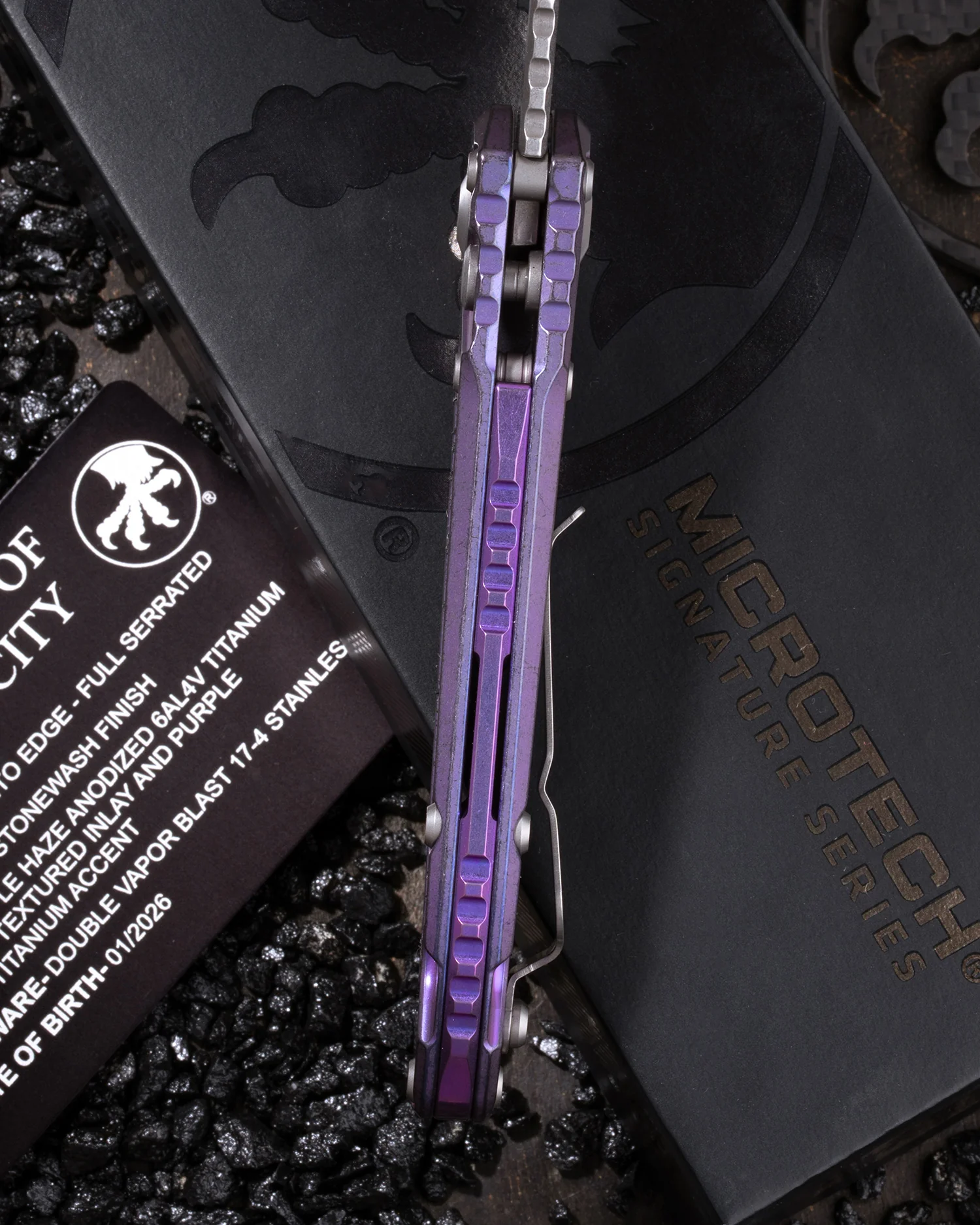 L.U.D.T. – Tanto Edge Full Serrated Marfione Select Stonewash Finish Purple Haze Anodized Titanium W/ Textured Inlay And Purple Titanium Accent Double Vapor Blast Stainless - Image 3