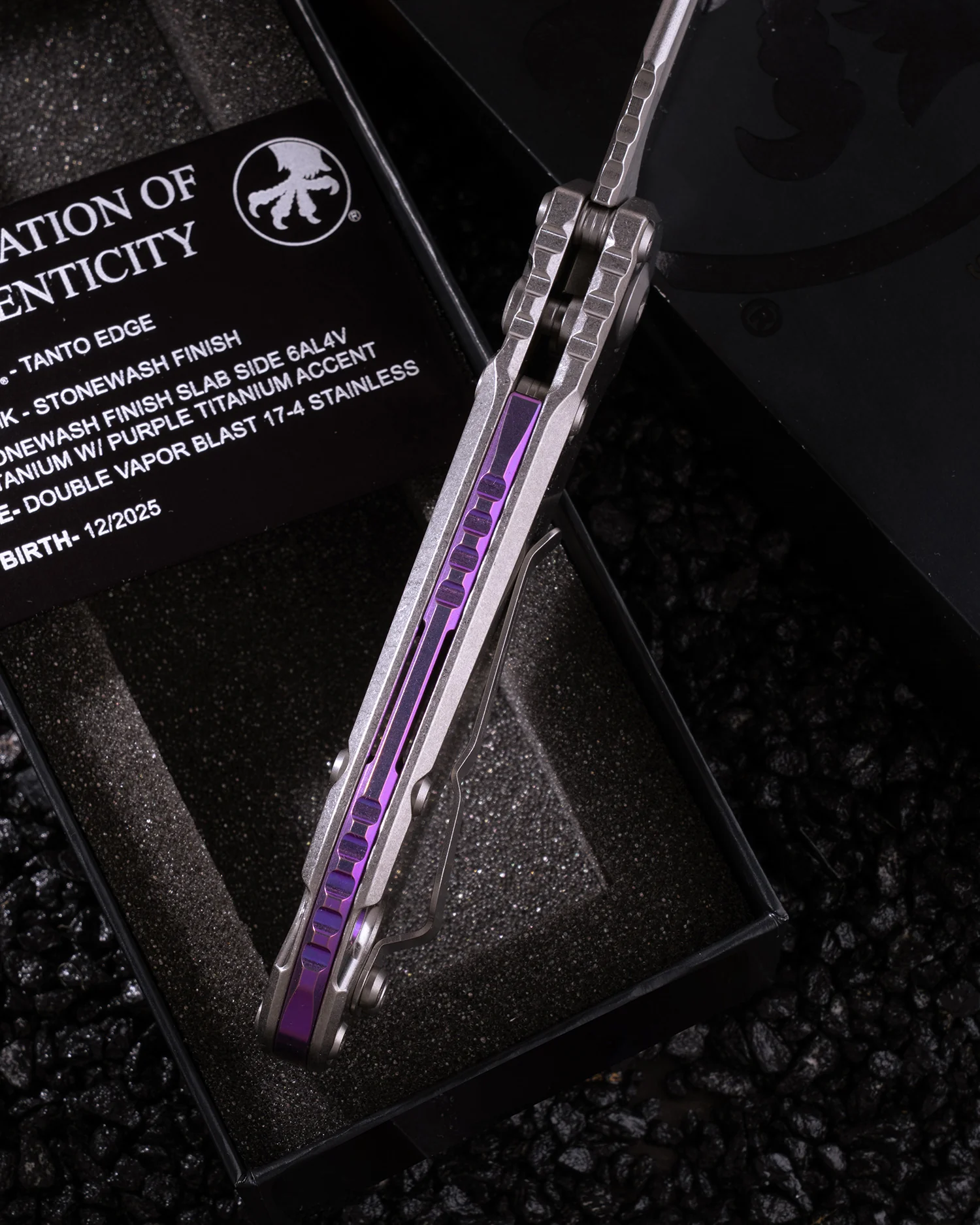 L.U.D.T TANTO EDGE MARFIONE SELECT STONEWASH FINISH STONEWASH FINISH SLAB SIDE TITANIUM W/ PURPLE TITANIUM ACCENT DOUBLE VAPOR BLAST STAINLESS - Image 3