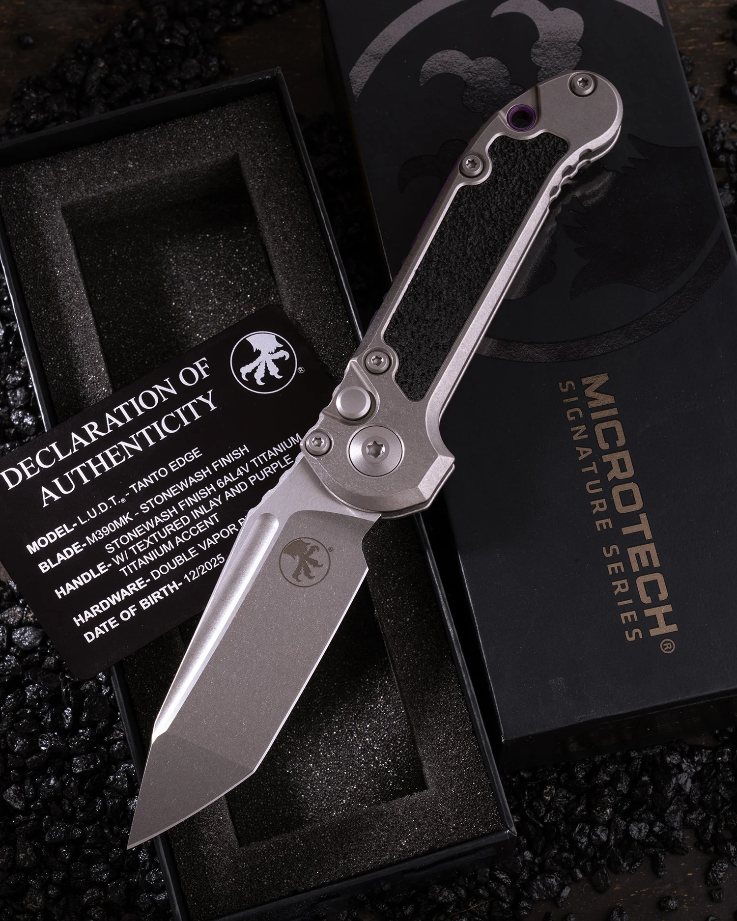 L.U.D.T TANTO EDGE MARFIONE SELECT STONEWASH FINISH STONEWASH FINSIH TITANIUM W/ TEXTURED INLAY AND PURPLE TITANIUM ACCENT DOUBLE VAPOR BLAST STAINLESS