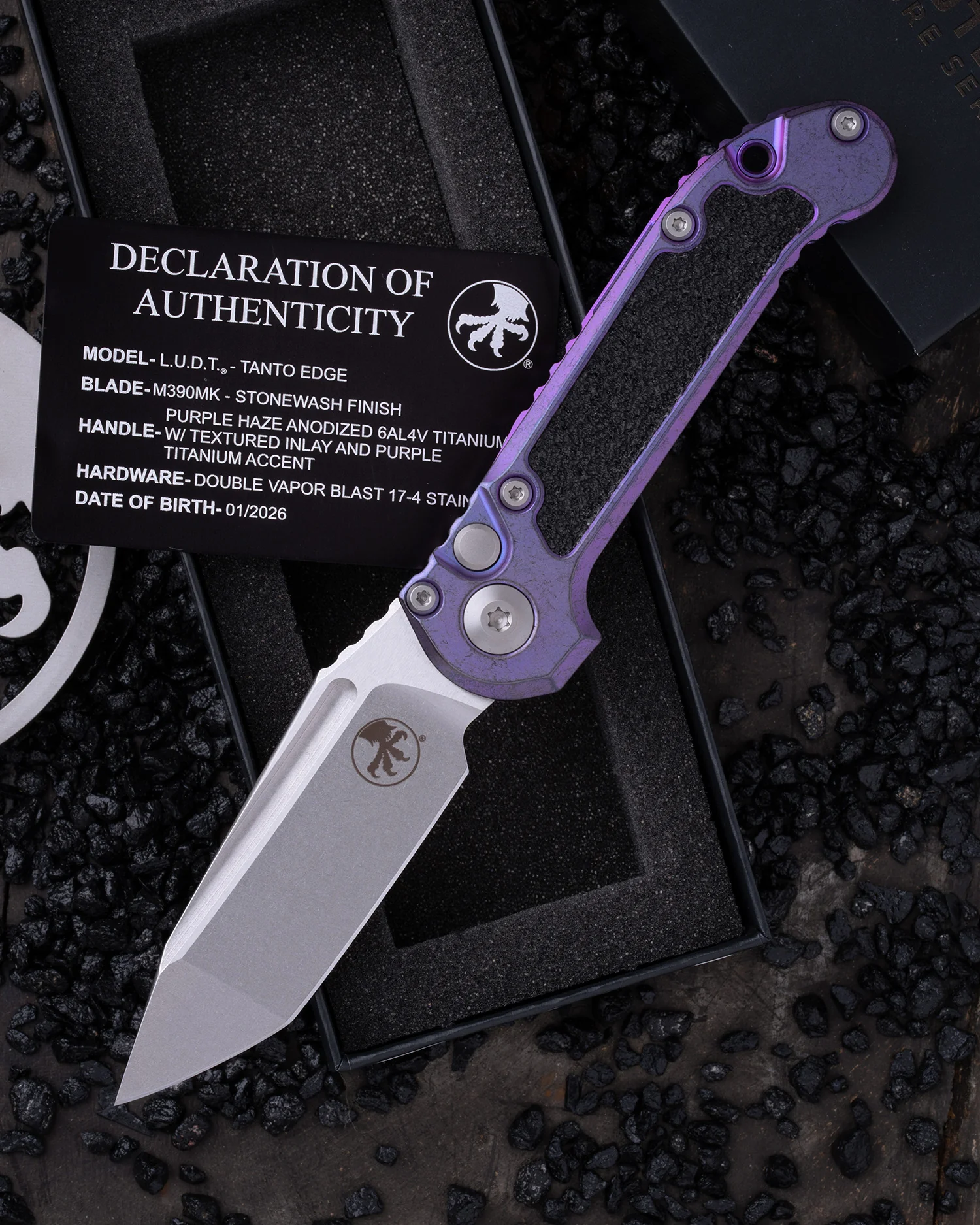 LUDT – TANTO EDGE PARTIAL SERRATED MARFIONE SELECT STONEWASH FINISH PURPLE HAZE ANODIZED TITANIUM W/TEXTURED INLAY AND PURPLE TITANIUM ACCENT DOUBLE VAPOR BLAST STAINLESS (1136-10MS10)