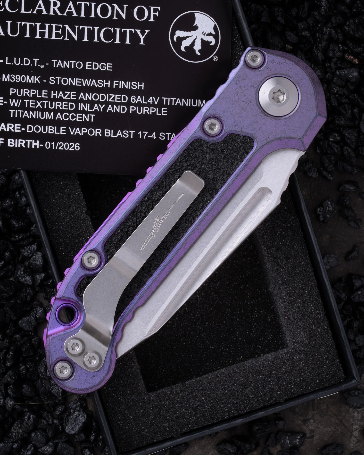 LUDT – TANTO EDGE PARTIAL SERRATED MARFIONE SELECT STONEWASH FINISH PURPLE HAZE ANODIZED TITANIUM W/TEXTURED INLAY AND PURPLE TITANIUM ACCENT DOUBLE VAPOR BLAST STAINLESS (1136-10MS10) - Image 2