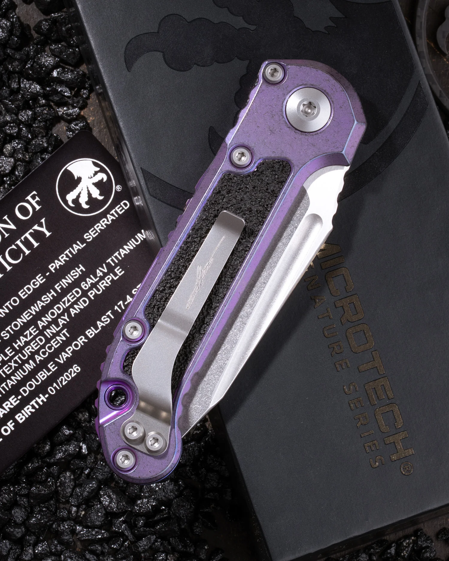 L.U.D.T. – TANTO EDGE PARTIAL SERRATED MARFIONE SELECT STONEWASH FINISH PURPLE HAZE ANODIZED TITANIUM W/TEXTURED INLAY AND PURPLE TITANIUM ACCENT DOUBLE VAPOR BLAST STAINLESS - Image 2