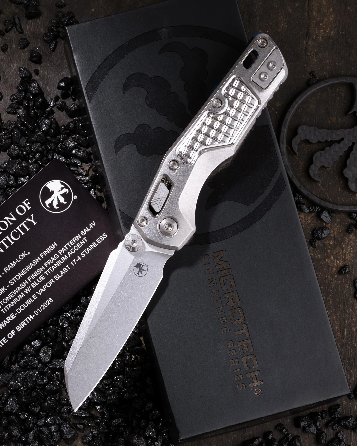 MSI MINI- RAM-LOK MARFIONE SELECT STONEWASH FINISH STONEWASH FINISH FRAG PATTERN TITANIUM W/BLUE TITANIUM ACCENT DOUBLE VAPOR BLAST STAINLESS