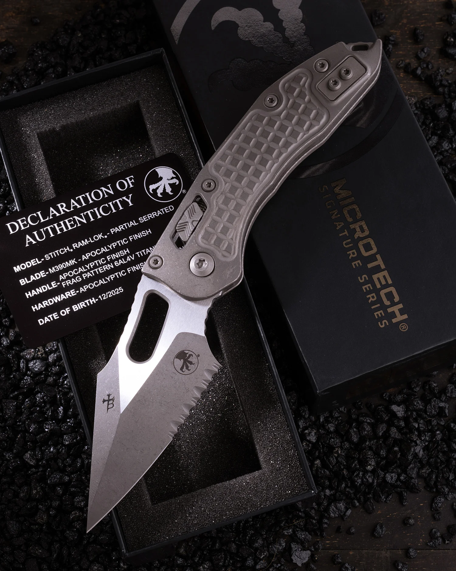 Stitch RAM-LOK™ Partial Serrate Marfione Select Apocalyptic Finish Frag Pattern Titanium Apocalyptic Finish Stainless (169RL-11APFRMS1)